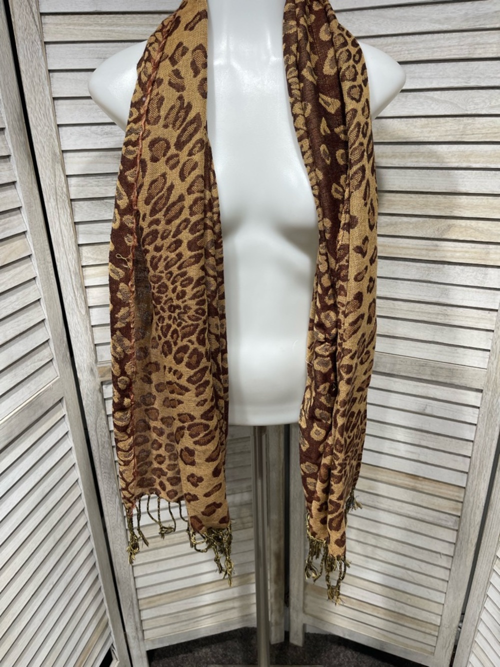 Leopard Print Fringe Wrap Scarf in Brown & Tan